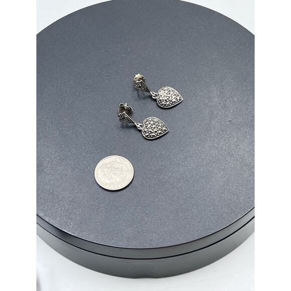 Sterling Silver 925 Marcasite Heart Drop Dangle Pierced Earrings - Picture 15 of 15